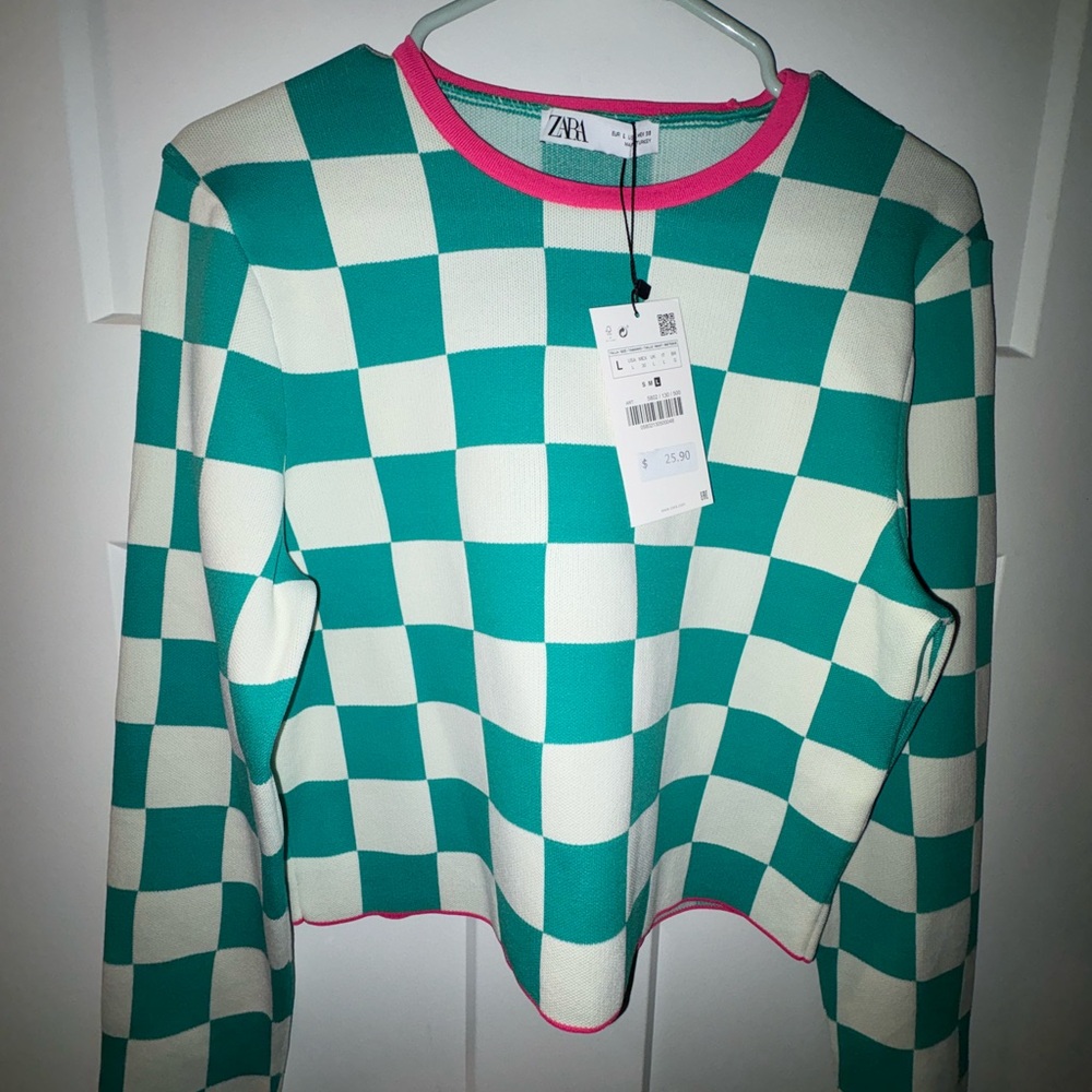 Zara Teal and White Checkered Sweater